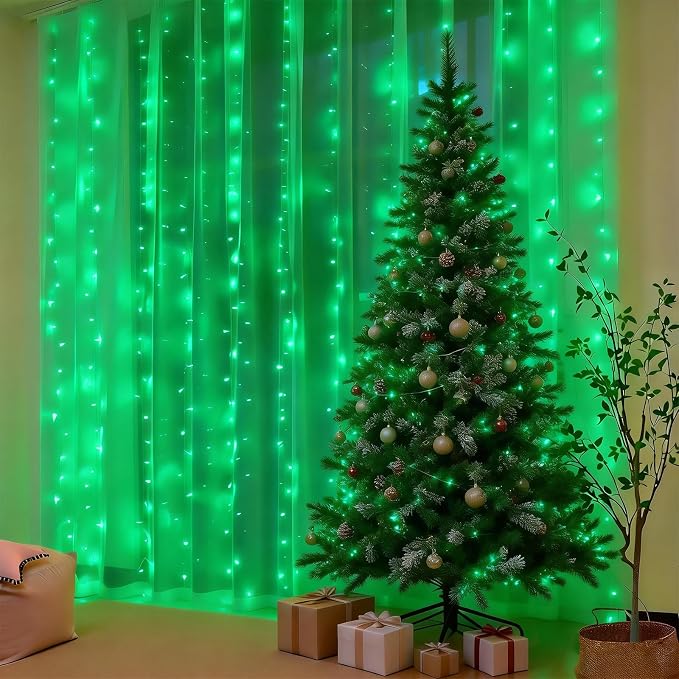 300LED Fairy Curtain Lights 9.8ft x 9.8ft LED Dimmable Twinkle Lights | with Remote and Timer USB Plug in 8 Modes String Lights for Bedroom Indoor Outdoor Party Christmas Decor, Green