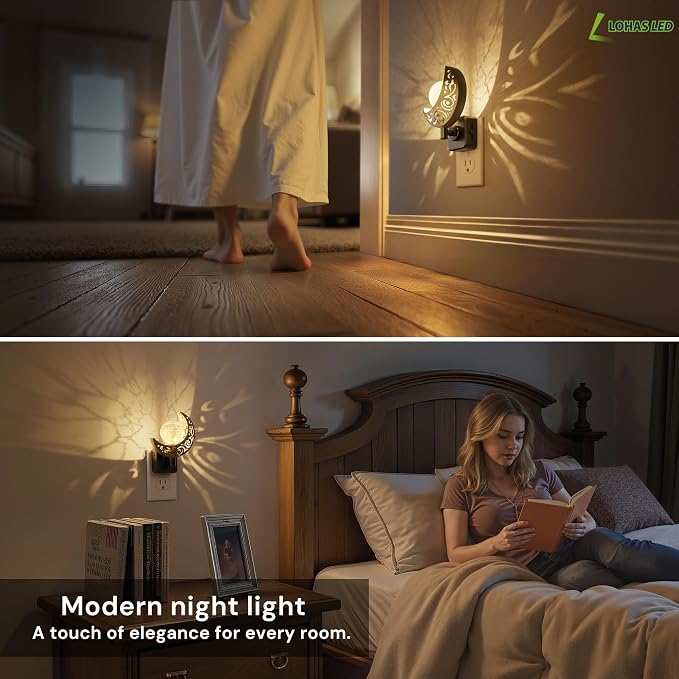 L LOHAS LED Night Lights Plug into Wall Moon Sphere Decor Night Light | Dusk to Dawn Sensor, Landscape Glass Globe Nightlight, 0-100LM Dimmable, for Bedroom Living Room Hallway