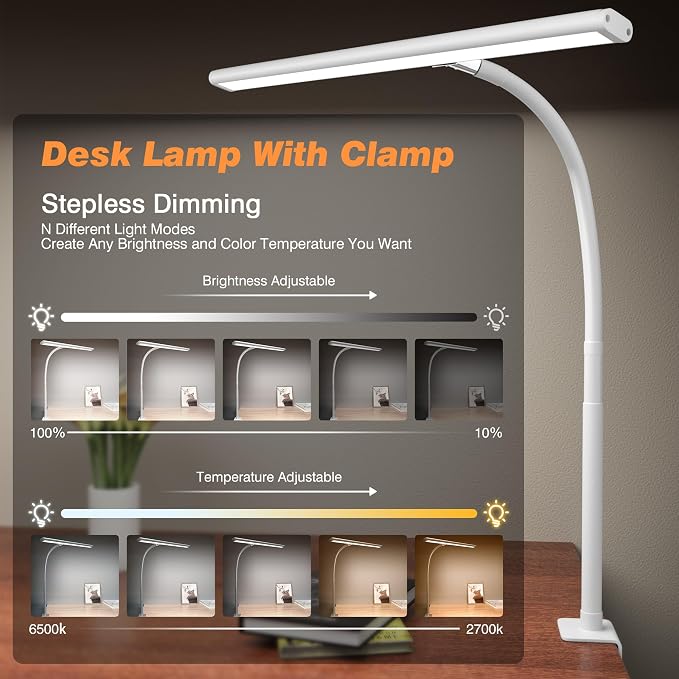 Airlonv LED Desk Lamp for Office Home, Eye-Caring Desk Light with Stepless Dimming Adjustable Flexible Gooseneck, 10W USB Adapter Desk Lamp with Clamp for Reading, Study, Workbench