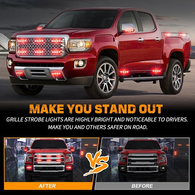 8 Pack Sync Red Grill Emergency Lights 32 LED Strobe Lights | Grille Surface Mount Light Flashing Warning Safety Hazard for Vehicles Trucks Car, ATV, UTV, Motorcycle