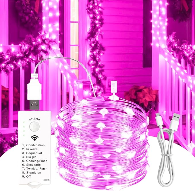 ZSJWL Rechargeable Fairy Lights with DIY Timer & 8 Modes, 16FT 50LED String Lights Battery Operated Indoor, Twinkle mini Lights for Bedroom Christmas Wedding Centerpiece Decor (Pink)
