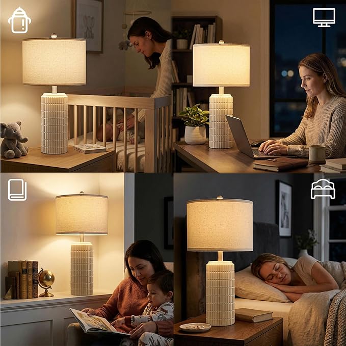 PoKat 23’’ Dimmable Table Lamps Set of 2 with Remote for Living Room, White | Modern Bedside Lamps for Bedroom, Stepless Adjustable, Farmhouse Ceramic Lamp for Nightstands, Blubs Included, No Battery