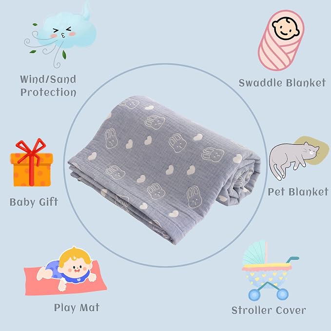 NTBAY 3 Layer Muslin Toddler Blanket, 30 x 40, Blue Rabbit | Breathable Muslin Cotton Outer Layers with Light Thermal Fill, Reversible for Stroller, Daycare, Travel, and Supervised Use