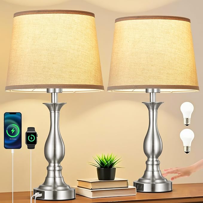 Bedside Table Lamp Touch Control Bedroom Lamps with USB A and C Charging Port 3 Way Dimmable Touch Lamps for Nightstand Living Room Bedroom Dorm Home Office Reading, Set of 2