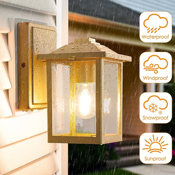 Outdoor Wall Lantern, Exterior Waterproof Wall Sconce Light Fixture, Gold Front Door Mounted Lighting with Glass, Anti-Rust Porch Lamp