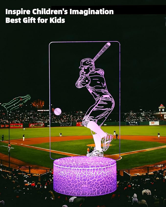 Baseball 3D Illusion Night Light, 3 Patterns, Lamp Gift for Kid | 16 Colors Changing, Dimmable, Touch & Remote Control, Boy Girl Bedroom Room Décor, Birthday Christmas Toy Teen Sports Fan