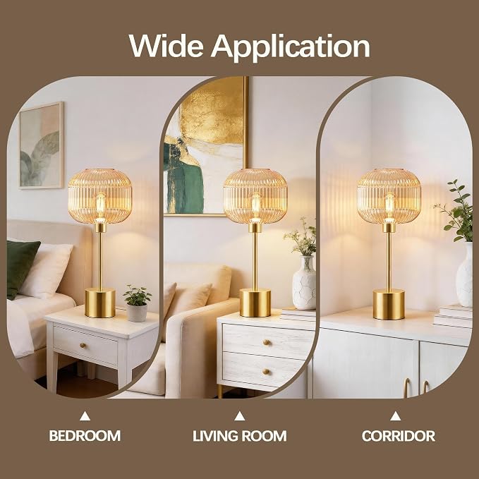 QiMH Glass Table Lamp for Living Room, Modern Bedside Lamp with Champagne Ribbed Glass Shade, 3-Way Dimmable Touch Control Nightstand Lamp for Bedroom, Brushed Gold (2700K LED Bulb Included)