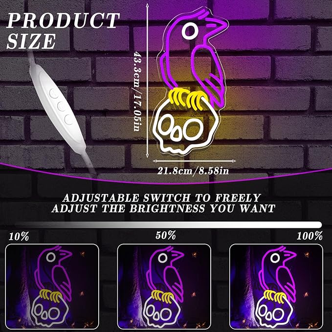 Crow Skull Neon Sign for Wall Decor Dimmable Skull Light Horror Neon Signs Skull Neon Light for Man Cave Beer Bar Game Room Party Crow Decor Gifts