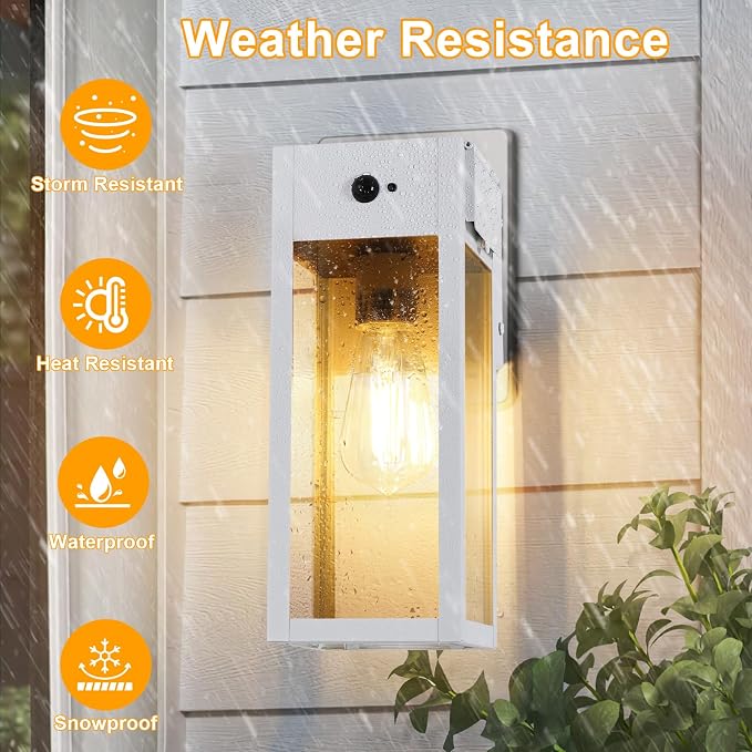 Porch Lights with GFCI Outlet, 2-Pack Motion Sensor Outdoor Lights | Dusk to Dawn, Anti-Rust, Waterproof, Tempered Glass, Easy Installation, E26 Socket, Exterior Lighting for Patio Garage, White