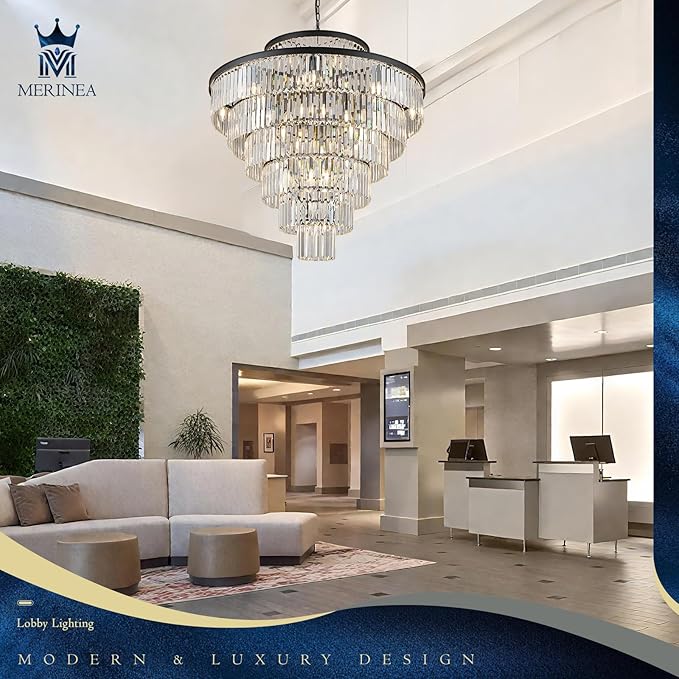Large 40" Black Crystal Chandelier 28 Lights Modern Round Chandeliers for Staircase Luxury 7-Tier K9 Crystal Ceiling Pendant Light Fixture for High Ceiling Living Room Foyer