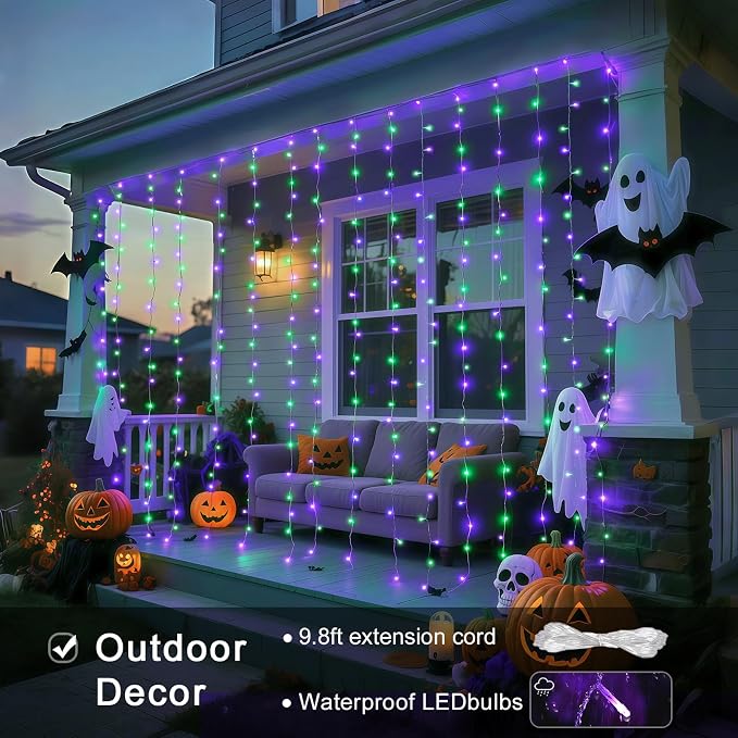 JMEXSUSS 300LED Purple & Green Curtain Lights for Halloween Decor, Plug in | 9.8x9.8ft, Halloween Curtain Lights with Remote, Twinkle Hanging String Light for Bedroom Wall Window Backdrop Indoor Outdoor
