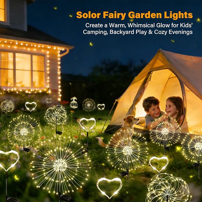 Solar Garden Lights Outdoor Decor Waterproof, 4Pack 120LED Firework Lights for Garden Decorative, Fairy Lights Solar Powered for Yard, Patio,Pathway,Flowerbed,Planter,Party(Warm White)