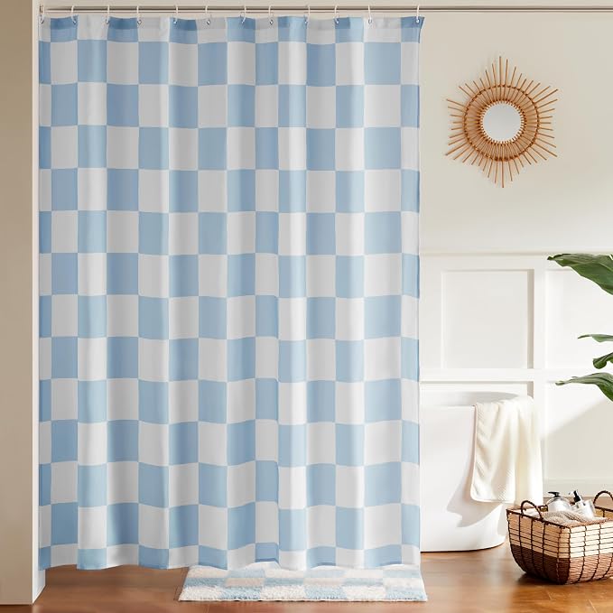Ohocut Checkered Shower Curtain, Light Blue Shower Curtains for Bathroom, Cute Retro Checkboard Shower Curtain Vintage Aesthetic, Washable Fabric Bath Curtain 72''x72''