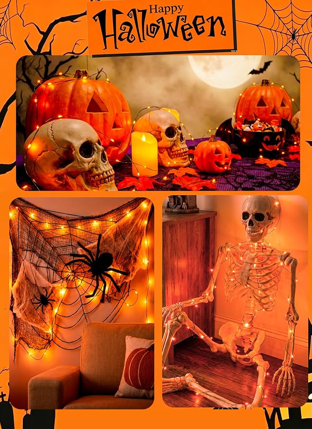 Minetom Halloween Fairy Lights Battery Operated, 5 Pack 7 FT 20 LED Orange | Fairy Lights with Timer, Black Wire Halloween String Light for Indoor Bedroom Classroom Thanksgiving Party Decoration