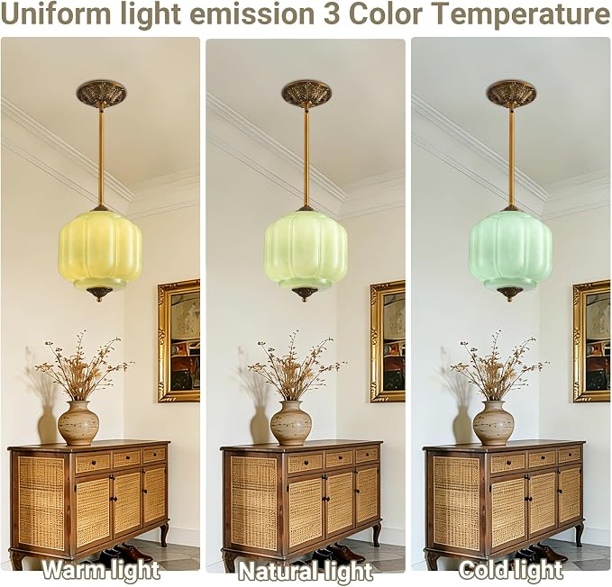LOUSACE Vintage Milk Glass Pendant Light Fixture, 10 Inch Green Semi Flush Mount Ceiling Light for Dining Room, Bedroom, Hallway, Entryway (Bulb Included)