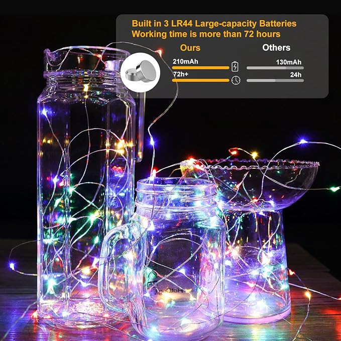AIKEI 12 Pack Led Fairy Lights Battery Operated String Lights Waterproof Silver Wire 7 Feet 20 Led Firefly Starry Moon Lights for DIY Wedding Party Bedroom Patio Christmas Rainbow Color