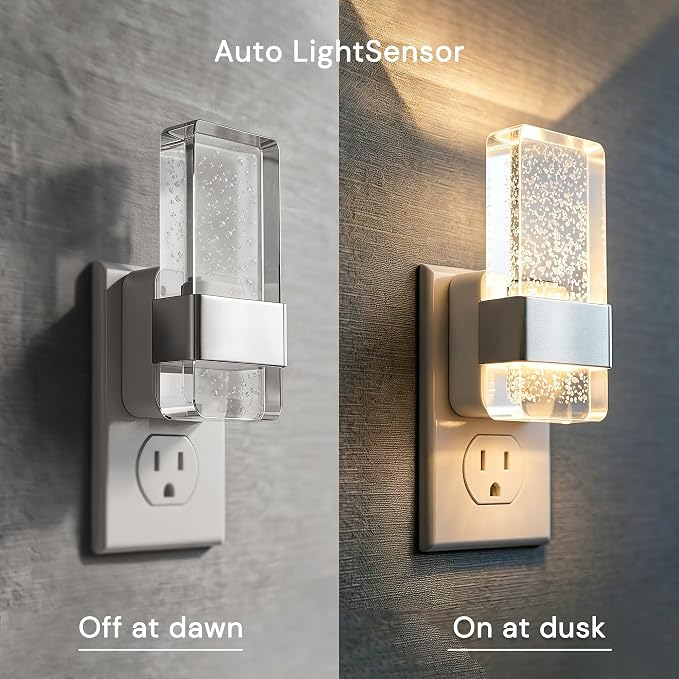 L LOHAS LED Night Light, Dimmable Night Lights Plug into Wall, 2 Pack | Acrylic Silver Nightlight with Light Sensor, 0-100LM Automatic Plug in Nightlight for Bathroom, Hallway, Stairway, Gift