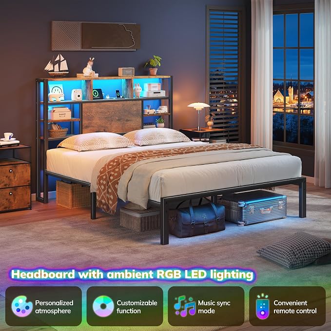 Homkdom Full Bed Frame with Storage Headboard and Charging Station,Brown | LED Lights，12.2" Under-Bed Storage，Supports up to 1100 LBS，No Box Spring Needed，Easy Assembly