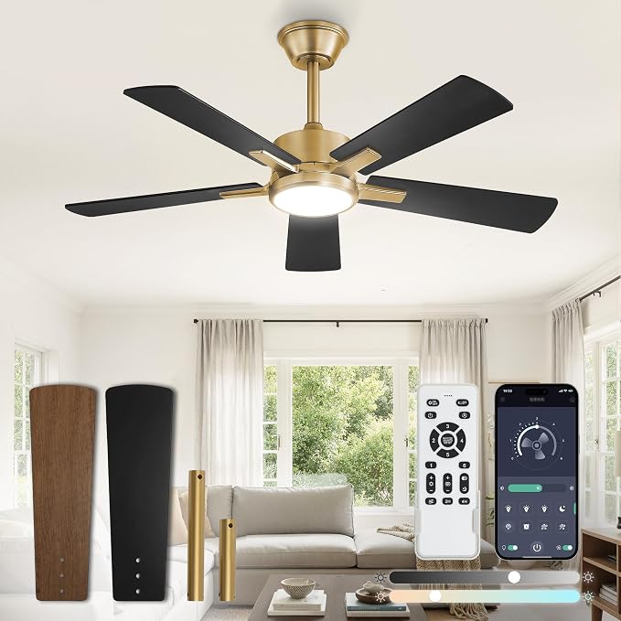 Fanbulous 42 Inch Black and Gold Ceiling Fan with Light, Remote & APP | Stepless CCT & Dimmable Light, 20W LED Ceiling Fan, 6 Speeds, Reversible Quiet DC Motor, for Bedroom, Living Room, Apartment
