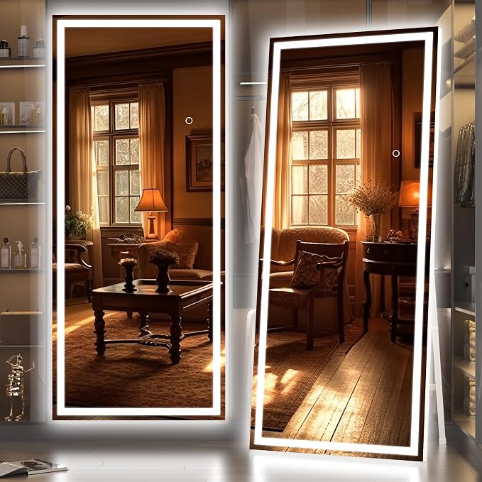 Hasipu Full Length Mirror with Lights, 71" x 24" LED Lighted Floor Standing, Full Body Dressing Hanging Mounted Mirror, Tempered Glass, Square White