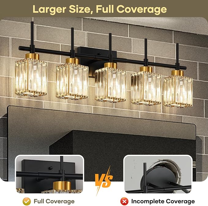 Torondo Modern Crystal Bathroom Vanity Light 5-Lights Gold Bathroom Light Fixtures Over Mirror Black and Gold Vanity Lighting Fixtures Gold Square Shade Brass Wall Sconce (Bulbs Not Include)