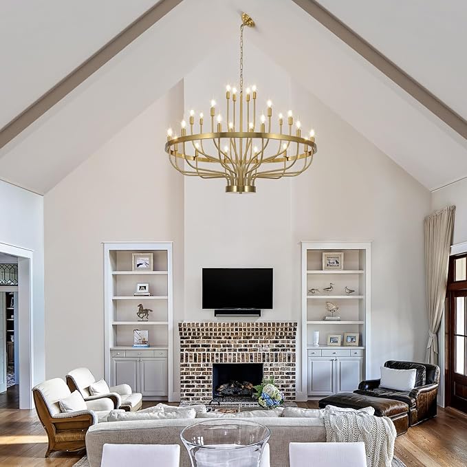 Gold Chandelier 24 Light Large Chandelier for High Ceilings, Farmhouse Wagon Wheel 39in 3-Tier for Dining Room, Hallway, Living Room, Foyer