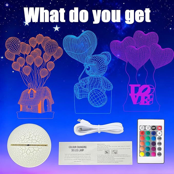 Balloon House 3D Night Light with Remote - 3 in 1 Up Theme Acrylic Panels (House, Bear, Love), 16 RGB Colors 4 Modes, USB/Battery(Not Included), Valentines Gift for Girl, Kids Room Decor ﻿
