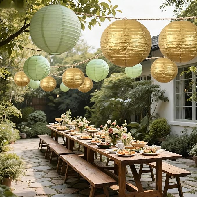 20Pcs Paper Lanterns Decorative, Sage Green and Gold 6"8"10" for Home Decor | Round Hanging Paper Lanterns Decorations for Rustic Party Bridal Shower Wedding Engagement Birthday Classroom Ceiling Decor