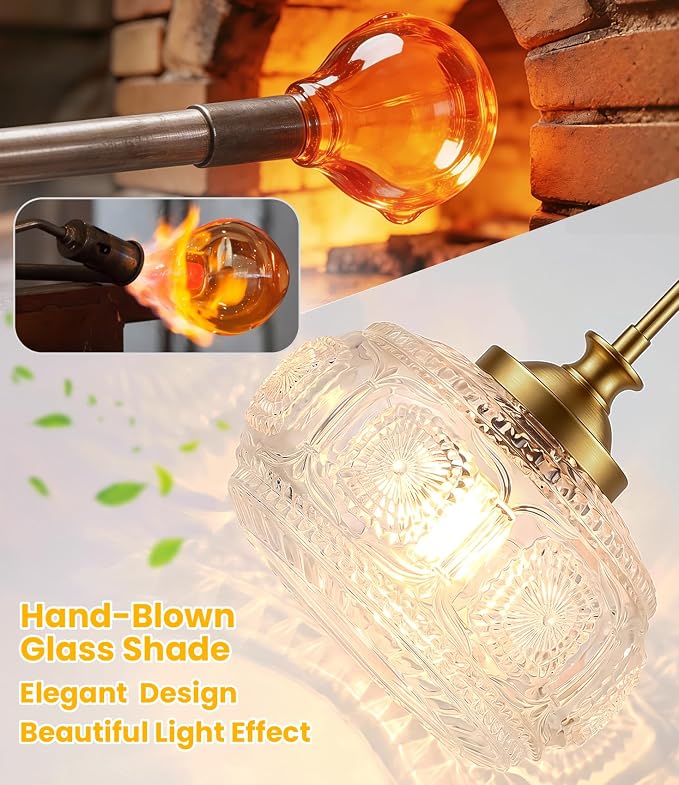 Large Gold Pendant Lights Kitchen Island, Flush Ceiling Light | 12 inch, Clear Glass Shade, Vintage Pendant Light, Adjustable Hanging Light for Kitchen Island Bedroom Hallway Bathroom