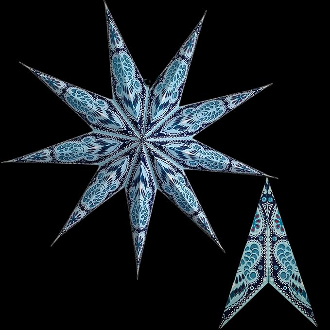 Lantern Lampshade Paper Star Light Shades Large 60cm Hanging Decorations for Christmas Wedding Home Decoration Birthday Party Foldable 9 Pointed Star (Glitter Blue, Purple, Red)