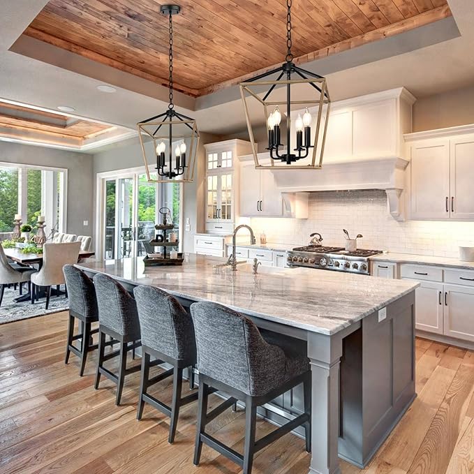 Wood Farmhouse Chandelier, 4-Light Foyer Lighting Fixtures for Dining Room | Industrial Kitchen Lantern chandelier Over Table, Pendant Island Ceiling Light for Entryway, Metal Cage Adjustable Height