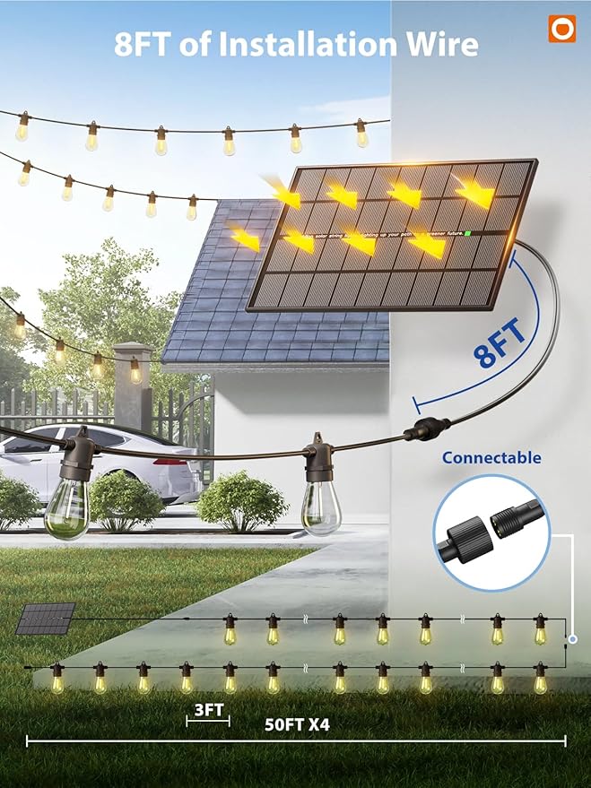 addlon 200FT(192+8) Solar String Lights Outdoor Waterproof 6W Panel with USB Port & Remote Control Solar Powered Patio Lights for Outside with 68 LED Dimmable Bulbs for Porch Garden Deck Halloween