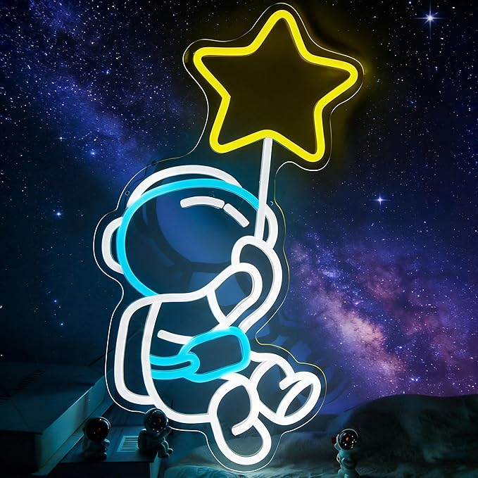 Astronaut Star Neon Sign Spaceman LED Neon Light for Wall Decor Dimmable Astronaut Holding Stars Signs Lights Space Decor for Boys Christmas Gift, Kids, Game Room, Man Cave