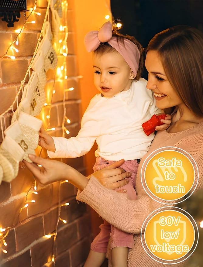 Warm White Christmas String Lights, 98FT 200 LED Fairy Lights Indoor | Up to 8 Sets, 8 Modes with Memory, Connectable, Transparent Wire, IP65 Waterproof Outdoor Decor for Classroom, dorm, Bedroom