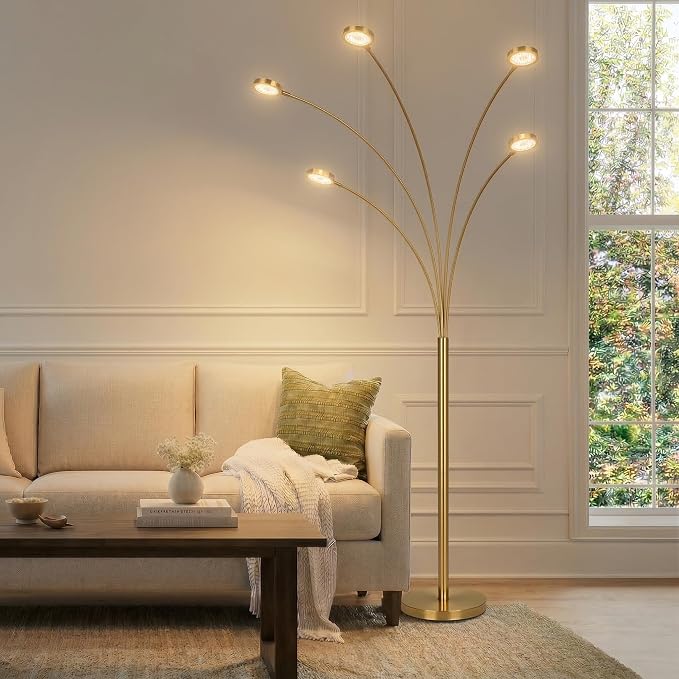 Brightech Orion Arc Floor Lamp for Living Room, Tree Floor Lamp with 5 Adjustable Arms, Multi-Head Standing Lamp with Flexible Rotating LED Lights for Bedroom, Dorm - Bright Hanging Lighting - Brass