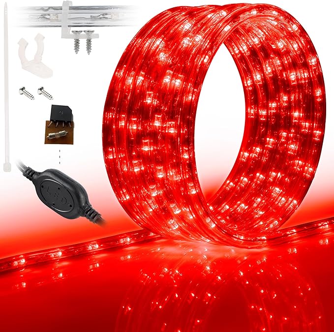 WYZworks 108LEDs, 10ft LED Outside Rope Lights, Waterproof Permanent Outdoor ETL Certified Connectable Clear Tube, Christmas Palm Tree Holiday Decorative Landscape Patio Accent Lighting - Red