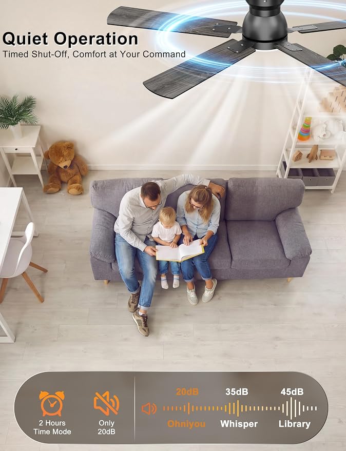 Ohniyou 52'' Low Profile Ceiling Fan with Lights, Remote/APP Control, Black | Flush Mount, Dimmable 3CCT LED, Quiet Reversible DC Motor; Memory Function, 5475 CFM, for Bedroom Living Room Kitchen