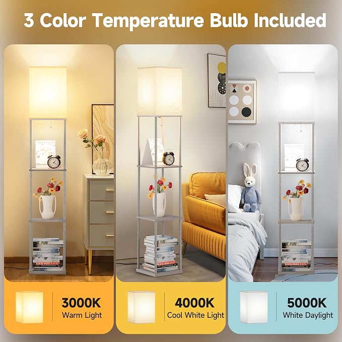 SHINE HAI Floor Lamp with Shelves, 3-Tier Square Modern Shelf Lamp | 3CCT Bright Bulb Included, Tall Standing Lamps for Living Room Bedroom Office