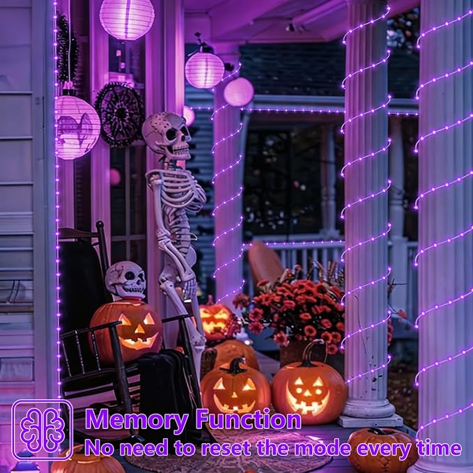 YEGUO Solar Halloween Lights, 2 Packs Each 33ft 100 LED String Lights Outdoor Waterproof, 8 Modes Fairy Lights in Clear Thin Tube for Camping Fence Patio Garden Trampoline Deck(Purple)
