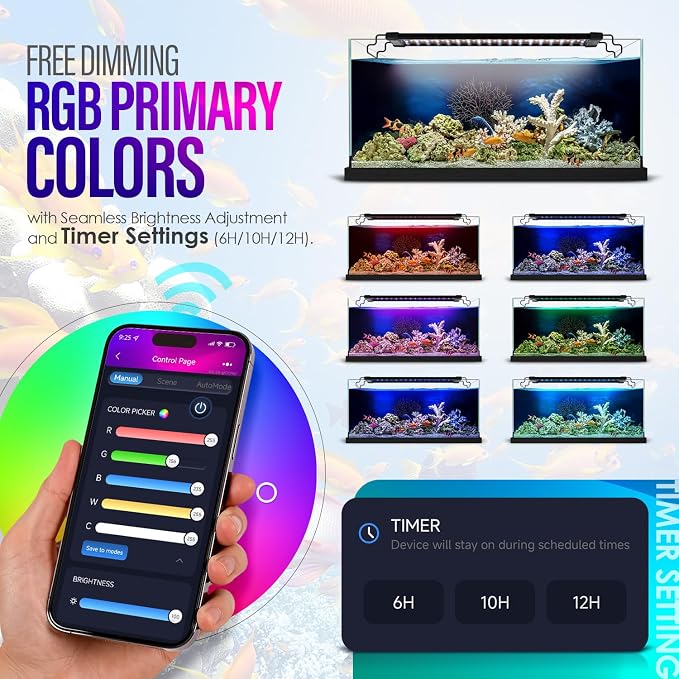 18W Smart Bluetooth App-Controlled Aquarium Light - Customizable Light Colors,Timeable,24/7 User-Defined Sunrise/Sunset Simulation,Tropical Lighting Mode,Suitable for 18-24" Fish Tanks