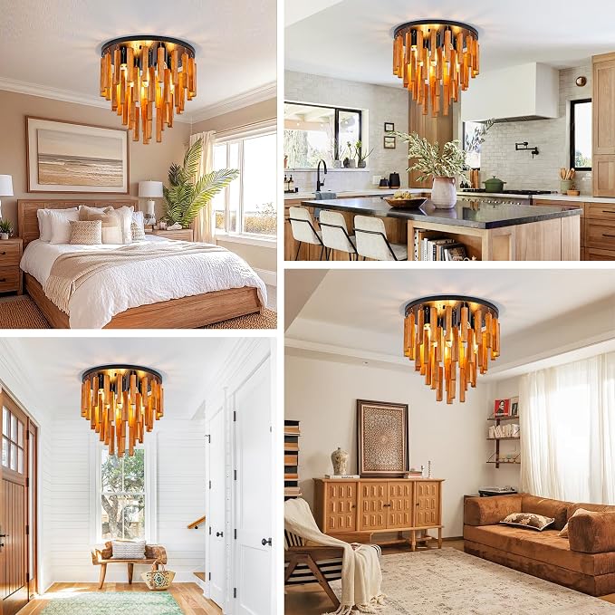 16.6" Farmhouse Ceiling Light, 5-Light Wood Chandelier, Rustic Light Fixture with Wood and Black Metal Finish, Farmhouse Semi Flush Chandelier for Bedroom, Hallway, Entryway, Kitchen