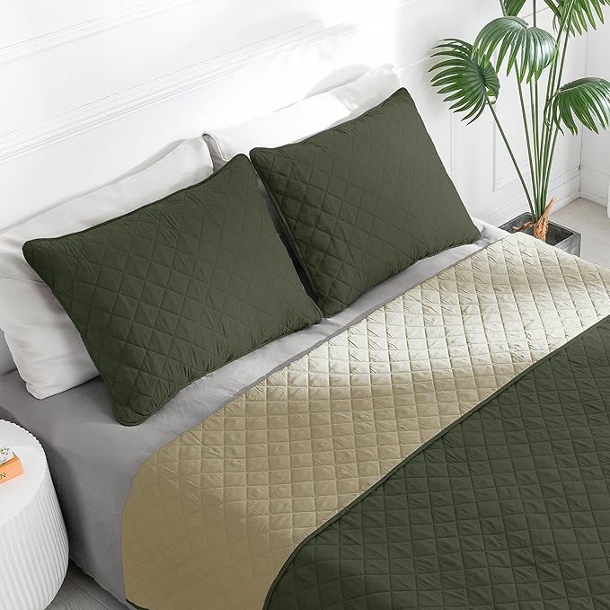 Easy-Going Queen Plus Size Reversible Quilt Set with 1 Quilt and 2 Pillow Shams, Soft Bed Quilt Cover, Water Resistant Lightweight Microfiber Bedspread, Stain Resistant, Army Green/Beige