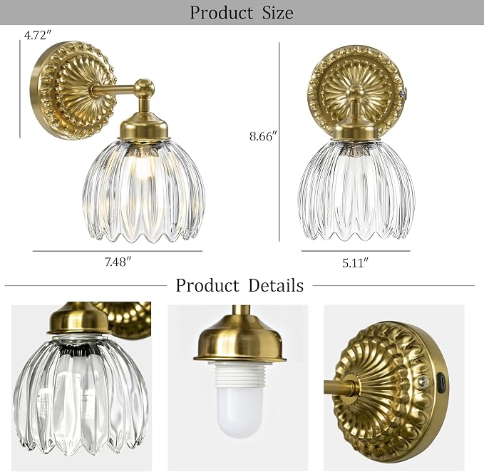 Battery Operated Wall Sconce, Vintage Wall Light, 2 Pack, Clear Tulip Glass | Gold Metal Base, 5200mAh Rechargeable, Dimmable LED, Remote Control, Cordless, Bedside, Bedroom, Doorway, Living Room