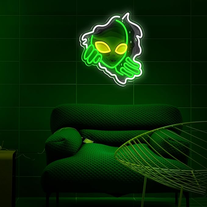 Green Alien Neon Sign USB Powered Alien LED Neon Light Signs for Man Cave Bedroom Game Room Bar Pub Party Home Decor Fantasy Gifts for Alien Fans, Teenage Boys, Kids