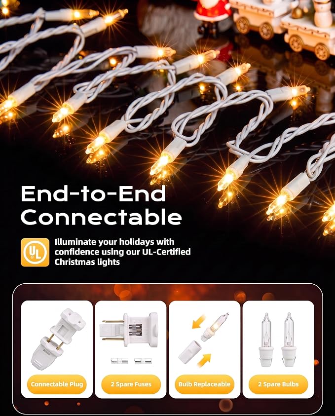 Brightown Christmas Lights Outdoor 100 Count 20Ft String Lights for Indoor | Clear Incandescent Bulb Mini Fairy Lights, Waterproof & Connectable for Xmas Decorations, Christmas Tree Garland, White Wire