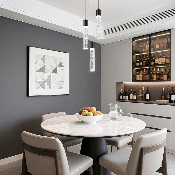 Pendant Lights Kitchen Island, 6500K Modern Kitchen Island Lights Brushed Black, Ceiling Lighting Fixtures with Crystal Bubble, Integrated LED Hanging Light for Dining Room 1 Pack(3-Light)