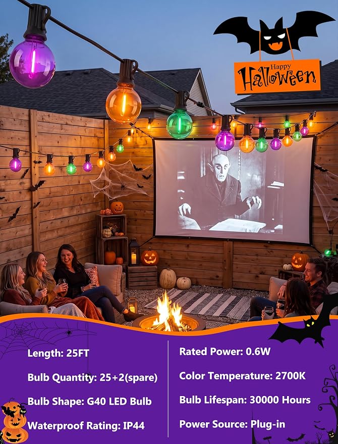 LED Outdoor String Lights 25Ft Orange Purple and Green Halloween Lights Outdoor with 27 Shatterproof LED Globe Bulbs, Connectable Halloween Decorations Lights for Home Patio Garden Christmas Party