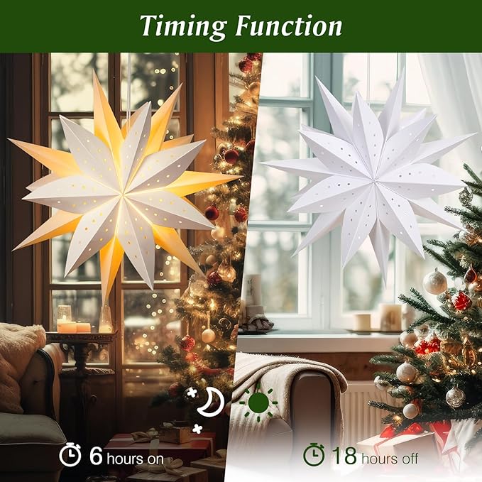 Lewondr Christmas Paper Star Lantern, 2PCS Hanging Star Lights with 8 Lighting Modes, 4 Levels Dimming, 6 Hour Timer Function, LED Paper Lanterns with Remote Control for Holiday Home Decoration
