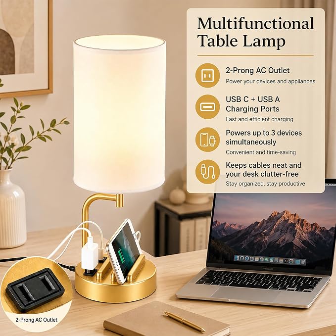 Dreamholder Touch Control USB Table Lamp with USB C/A & AC Outlet, 3-Way Dimmable Bedside Lamp, Modern Nightstand Lamps for Bedroom Living Room Guest Room Office, Bulb Included, Gold