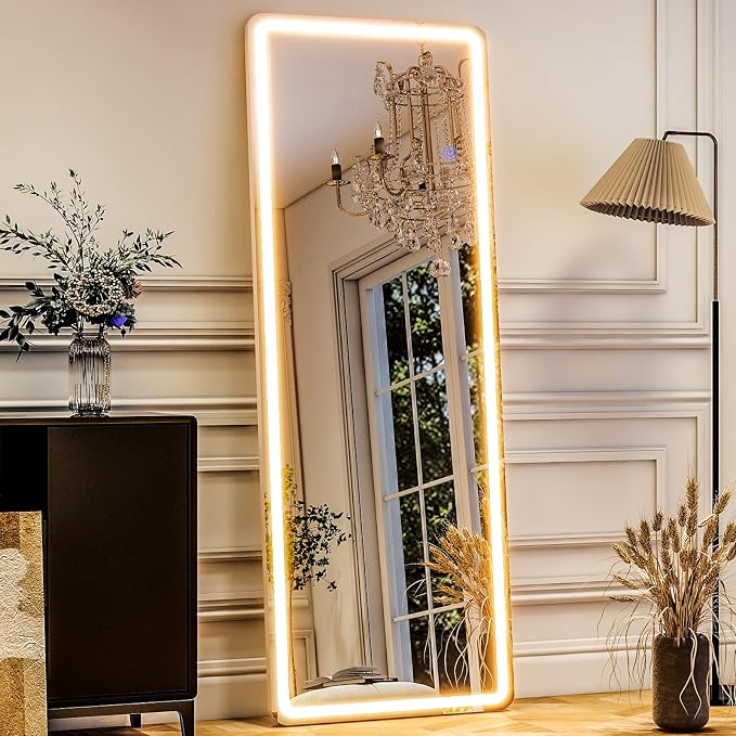 LED Full Length Mirror, 64"x21" Lighted Floor Mirror with Stand | Dimming & 3 Color Lighting, Wall Mounted Leaning Hanging Large Standing Full Body Mirror for Bedroom, Cloak Room, White